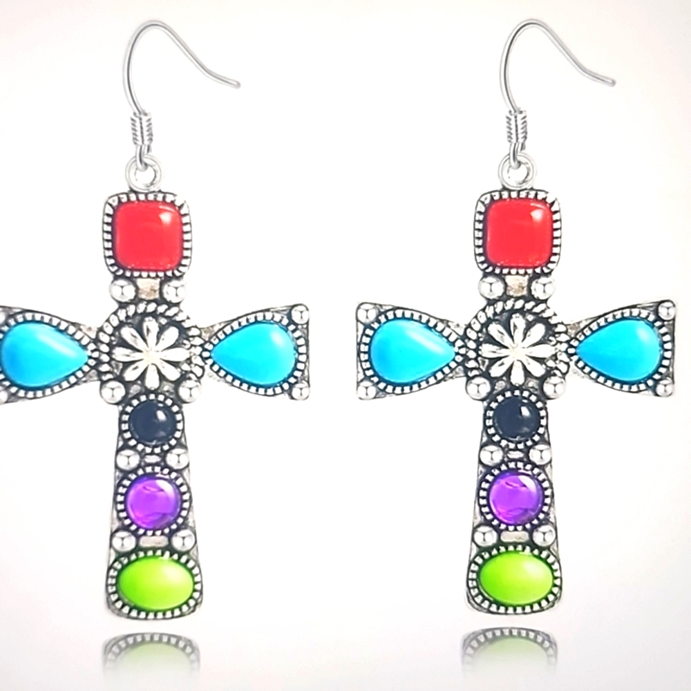 💎 Turquoise stone metal Cross Boho earrings 💚